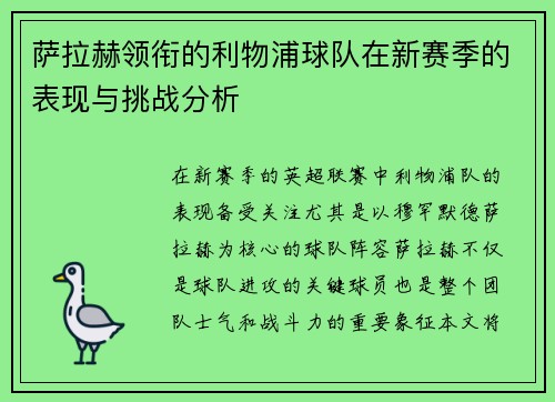 萨拉赫领衔的利物浦球队在新赛季的表现与挑战分析